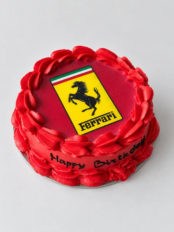 Торт "Феррари" — Торт «Феррари» — красный торт Ferrari с фирменной эмблемой и надписью Happy Birthday.